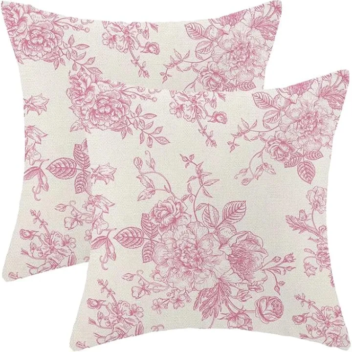 AEIOAE Chinoiserie Floral Pillow Covers 16 x 16 Inch Set of 2 Vintage Pink Flower Decorative Throw Pillow Covers Outdoor Linen Farmhouse Decor Pillowcase for Home Sofa