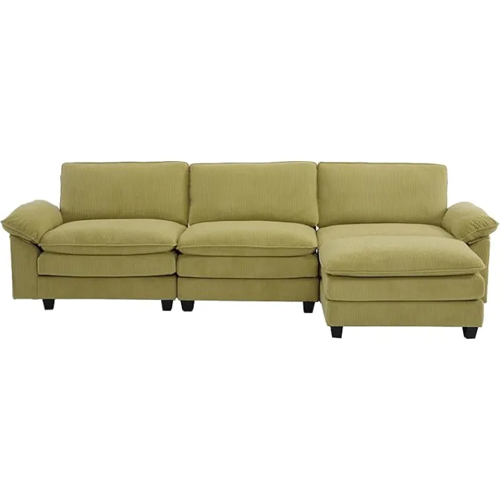 Modular Sectional Sofa with Movable Ottoman,L Shaped Corduroy Fabric Couch with High Supportive & Soft Sponges and Removable Ottoman, Sleeper Comfy Upholstered Furniture for Living Room (Green)