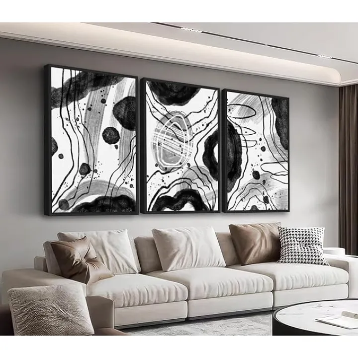 Large Framed Abstract Wall Art - Black and White Wall Decor 24"x36" Set of 3 Modern Geometric Wall Art Prints Minimalist Dots Lines Painting Canvas Pictures for Living Room Bedroom Bathroom