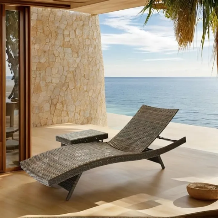 79'' Long Reclining Chaise Lounge + Side Table Set of 2, Outdoor Wicker Reclining Lounge Chair Patio Rattan Double Chaise Lounge + Coffee Table Lawn Sunbathing Chairs Beach Pool Backrest Recliners