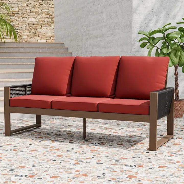 Rustic Hideaway Natural Cedar Wood Sofa Couch, Modern Outdoor Patio Sofa, Real Wood Outdoor Furniture for Patio Porch Garden Balcony, 3 Seater Couch, Brownish/Red