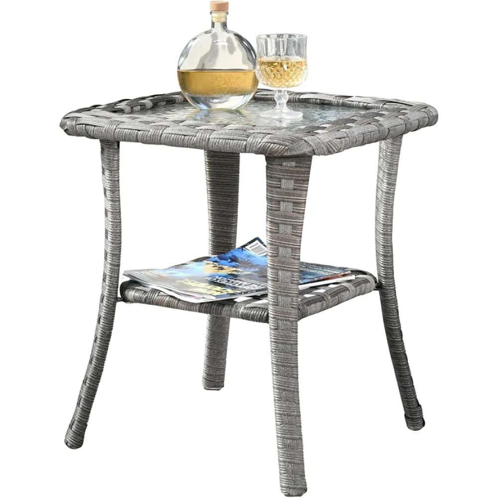 ovios Outdoor Side Table with Tempered Glass Top, Patio Wicker Rattan Bistro Coffee Tables with 2 Tiers Storage for Porch Deck Balcony Garden Poolside, Light Grey
