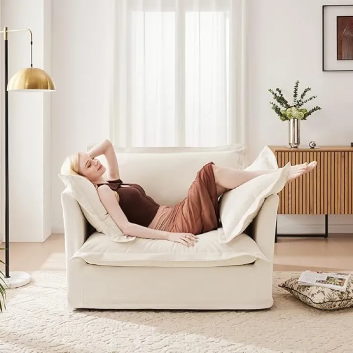 Oversized Sofa Chair with Ottoman, Modern Lazy Floor Accent Chair with 2 Pillows & Detachable Cover, 24" Deep Seat Large Reading Armchair for Living Room Bedroom Office - Chenille, Beige