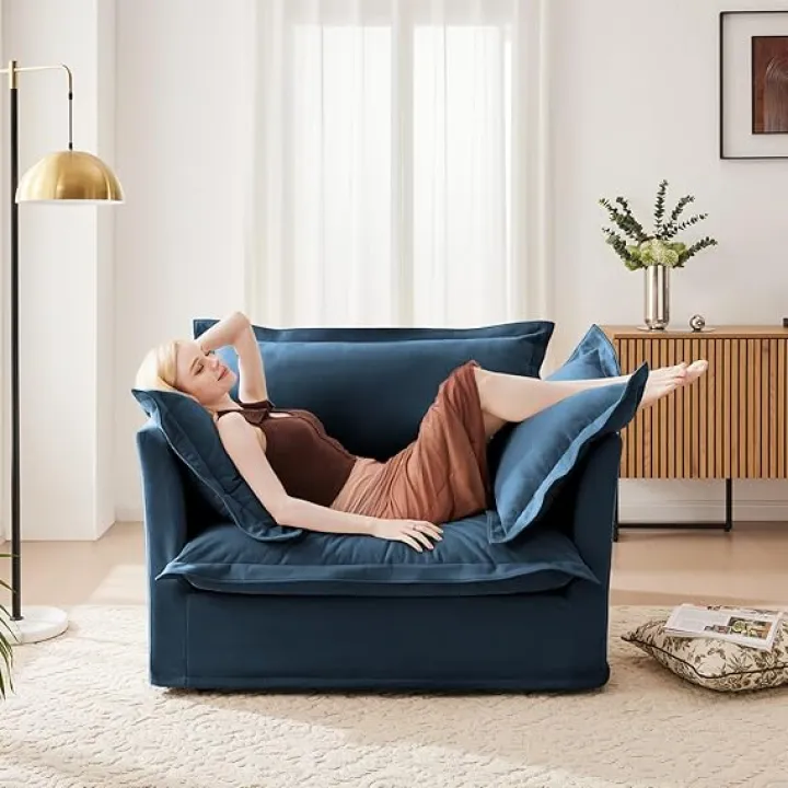 Oversized Sofa Chair with Ottoman, Modern Lazy Floor Accent Chair with 2 Pillows & Detachable Cover, 24" Deep Seat Large Reading Armchair for Living Room Bedroom Office - Chenille, Blue