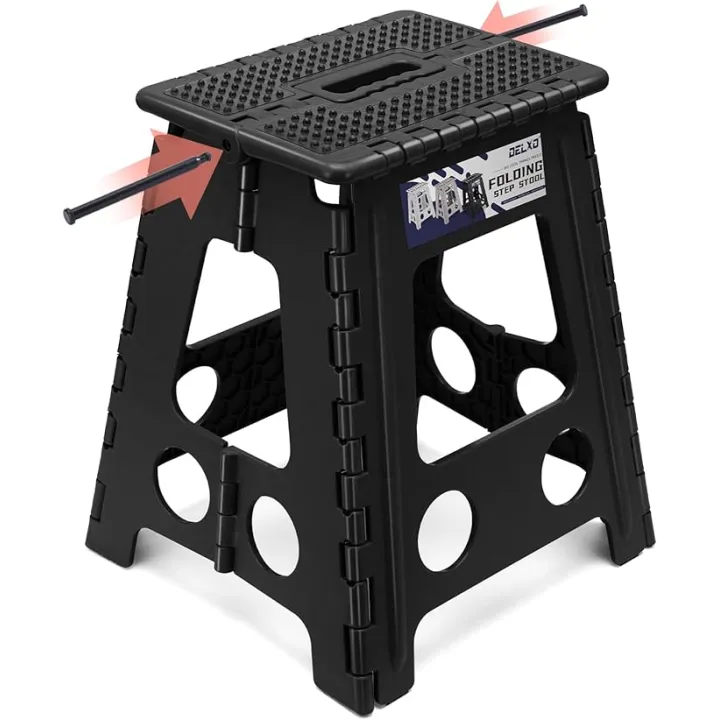 Delxo Folding Step Stool 16 Inch,Non-Slip Foldable Stools for Adults Up to 300 LBS,Kitchen Collapsible Fold Up Stepping Stool with Dotted 1 Pack,Black