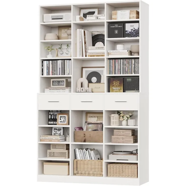 HOSTACK 75" Tall Book Shelf and Bookcase, 47" Wide Bookshelf with Drawers, Modern 9 Tier Bookcase with Storage, Large Wood Display Cabinet with Adjustable Shelves for Living Room, Home Office, White
