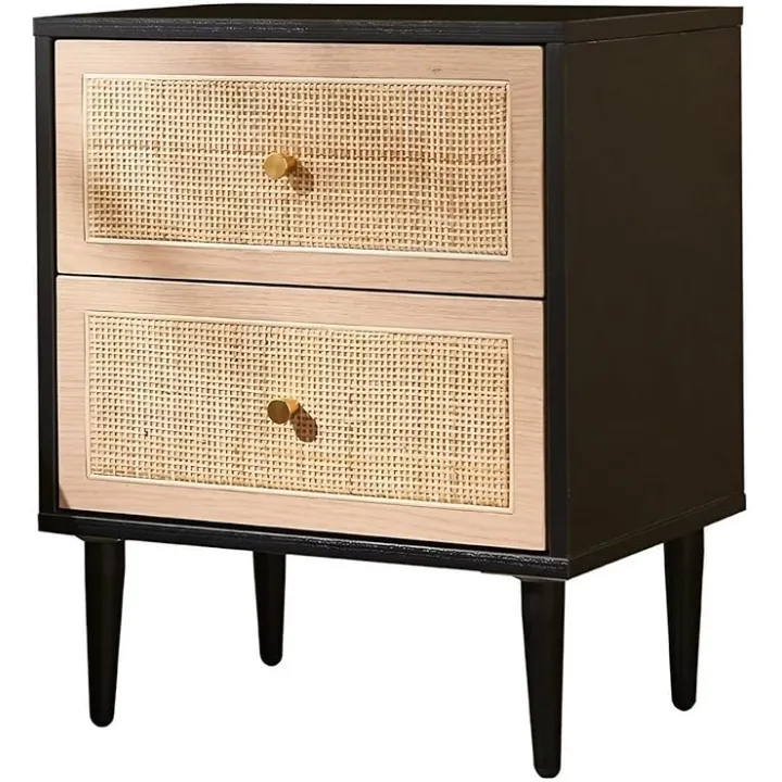 Modern Nightstand, Dresser Cabinet with 2 Ratten Drawers Storage and Wood Legs, Rustic End Table for Bed Room, Closet, Black
