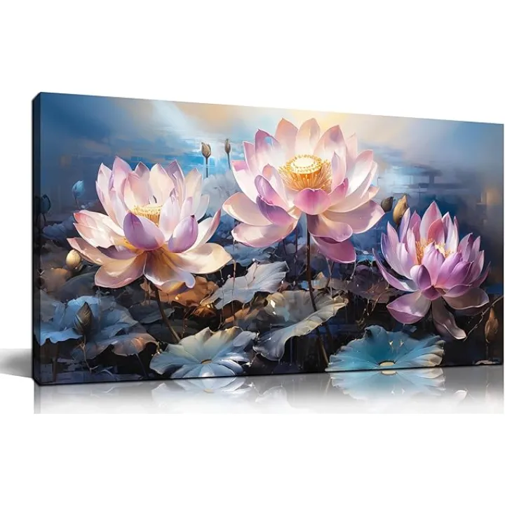 Lotus Flower Canvas Wall Art for Living Room Bedroom Home Office Botanical Wall Art Pink and Blue Floral Picture Framed Wall Decor Modern Canvas Prints 20x40 In