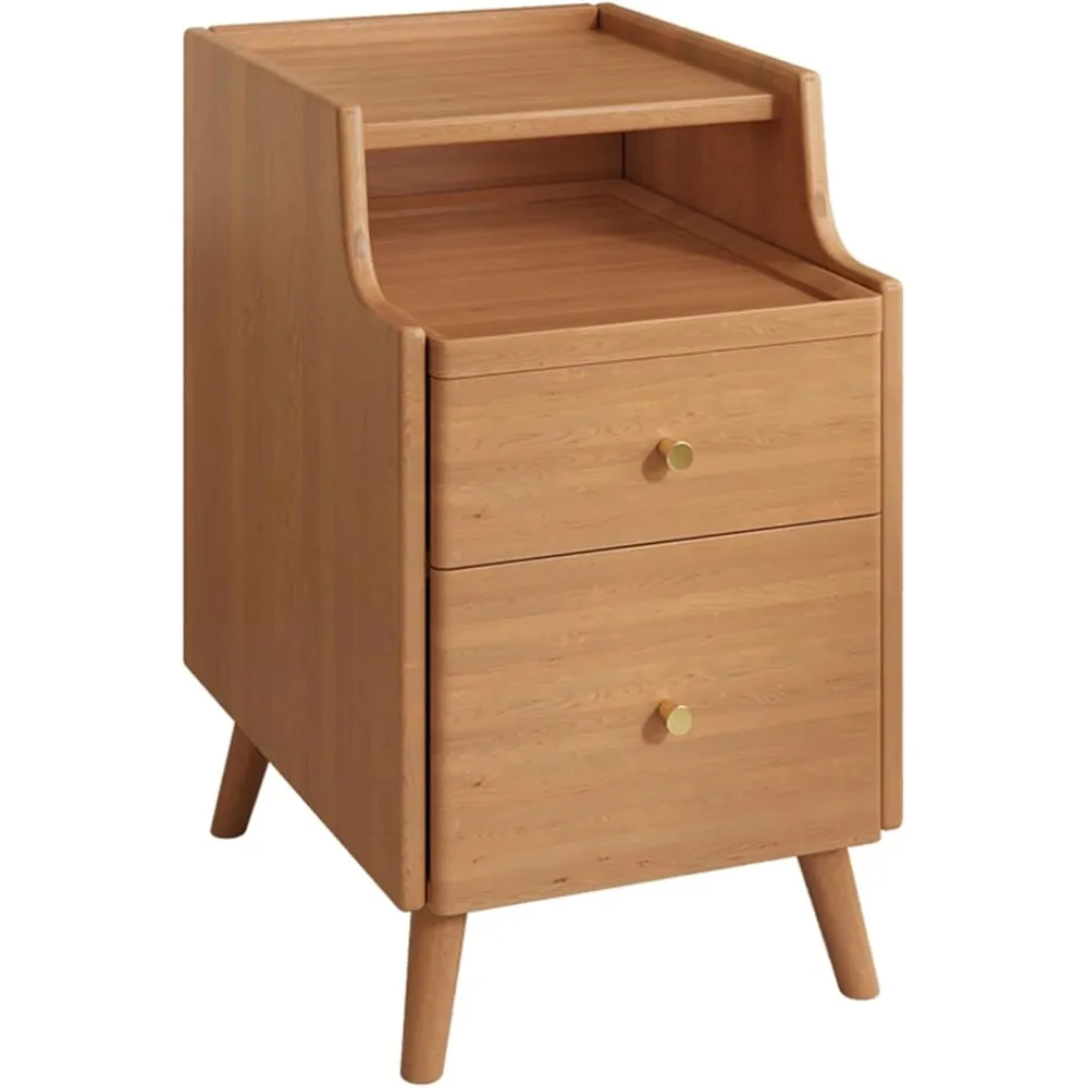 Nightstand Wooden Narrow Side Table, Modern End Table with Pull-Out Shelf and 2 Drawers, Bedside Table for Small Spaces, Bedroom