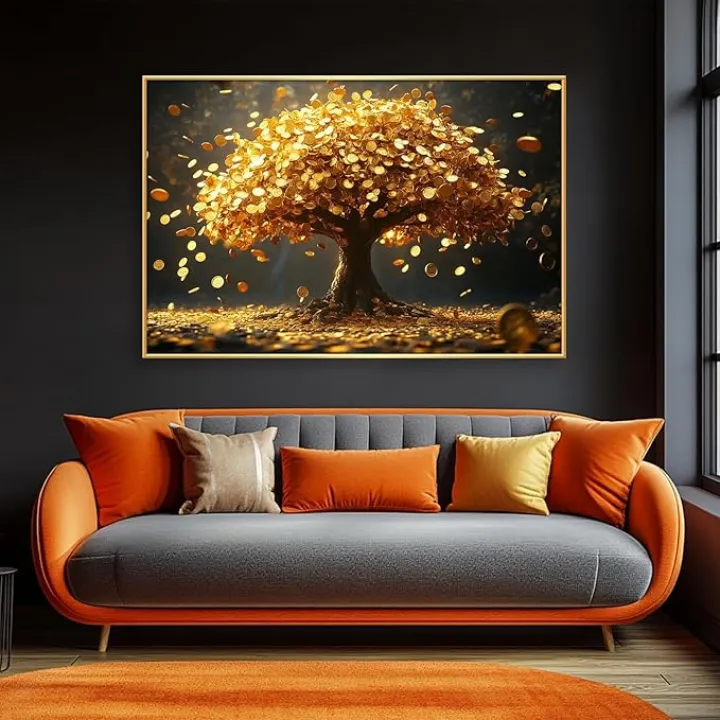 Rumftozyb Money Tree Canvas Art, Golden Coins Falling, Tree of Wealth, Gold Wall Art, Financial Success Decor, Living Room Wall Decor (Gold Framed, 30"x20" | 76x51cm)