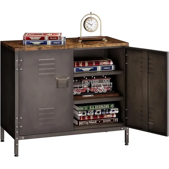 Storage Cabinet with 2 Doors, Metal Storage Cabinet with 2 Adjustable Shelves, Rustic Multipurpose Cabinet for Home, Office, Kitchen, Entryway, Hallway, Retro Brown