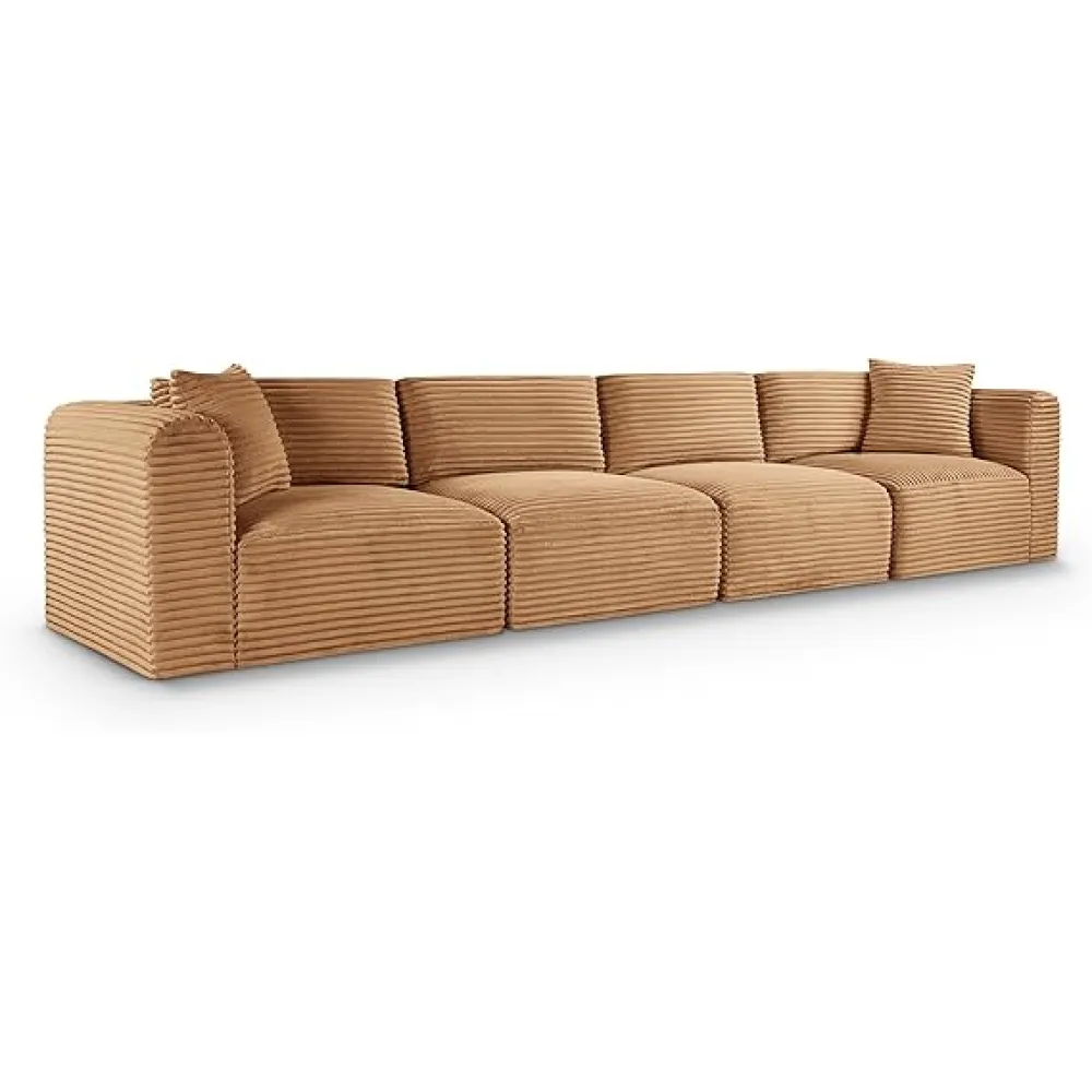 Meridian Furniture 641Saddle-S140 Collection Modern | Contemporary 4-Piece Modular Sofa with Soft Saddle Furry Textured Corduroy Performance Fabric, 140" L x 39" D x 30" H, Saddle
