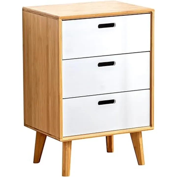 Mid-Century Bedside End Table,Bamboo Bedside Table with Drawers,Modern Nightstand Bedside Table with Storage Drawer for Bedroom Dorm,3white,43x31.5x64cm
