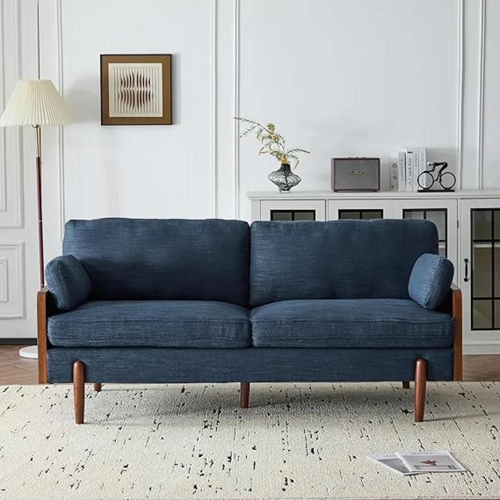 Christopher Knight Home Arboris Modern Rubberwood Frame, Fabric Upholstered Loveseat, Living Room/Bedroom/Apartment Couch/Sofa with Toss/Back Pillows and Removable Cushions, Navy Blue+Light Walnut