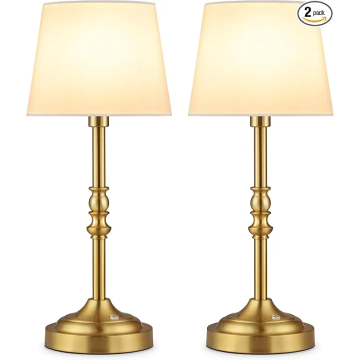 GGOYING Set of 2 Rechargeable Cordless LED Table Lamps, 4-Level Dimmer, Bronze Portable Desk Lamps with White Fabric Shades, Night Light for Dining, Bedroom and Patio