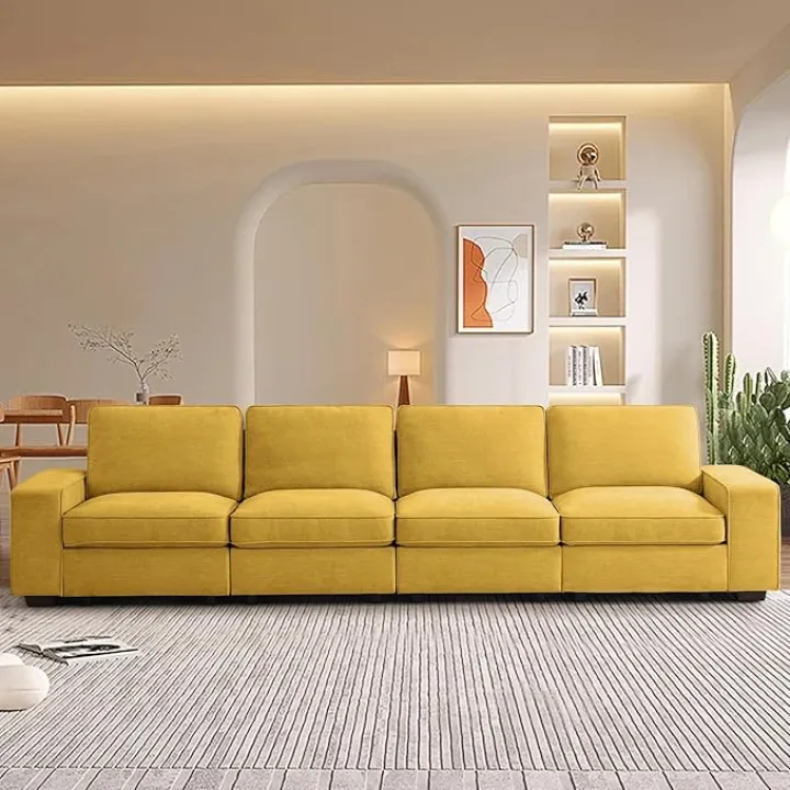 TEKAMON 128" Modular Sofa Couch with Seat Storage, Chenille Sofa，Modern Comfy 4-Seater Couch for Living Room, Office, Apart W/Deep Seat, Wide Armrest, USB, Pockets, Removable Covers (Yellow)