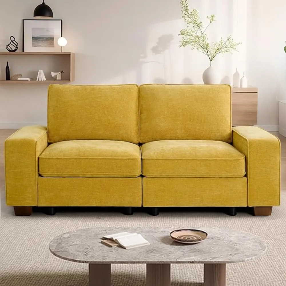 TEKAMON 73" Modular Sofa Couch with Seat Storage, Comfy 2-Seater Chenille Fabric Loveseat Sofa for Living Room, Office, Apartment W/Deep Seat, Wide Armrest, USB Charing Removable Cover(Yellow)