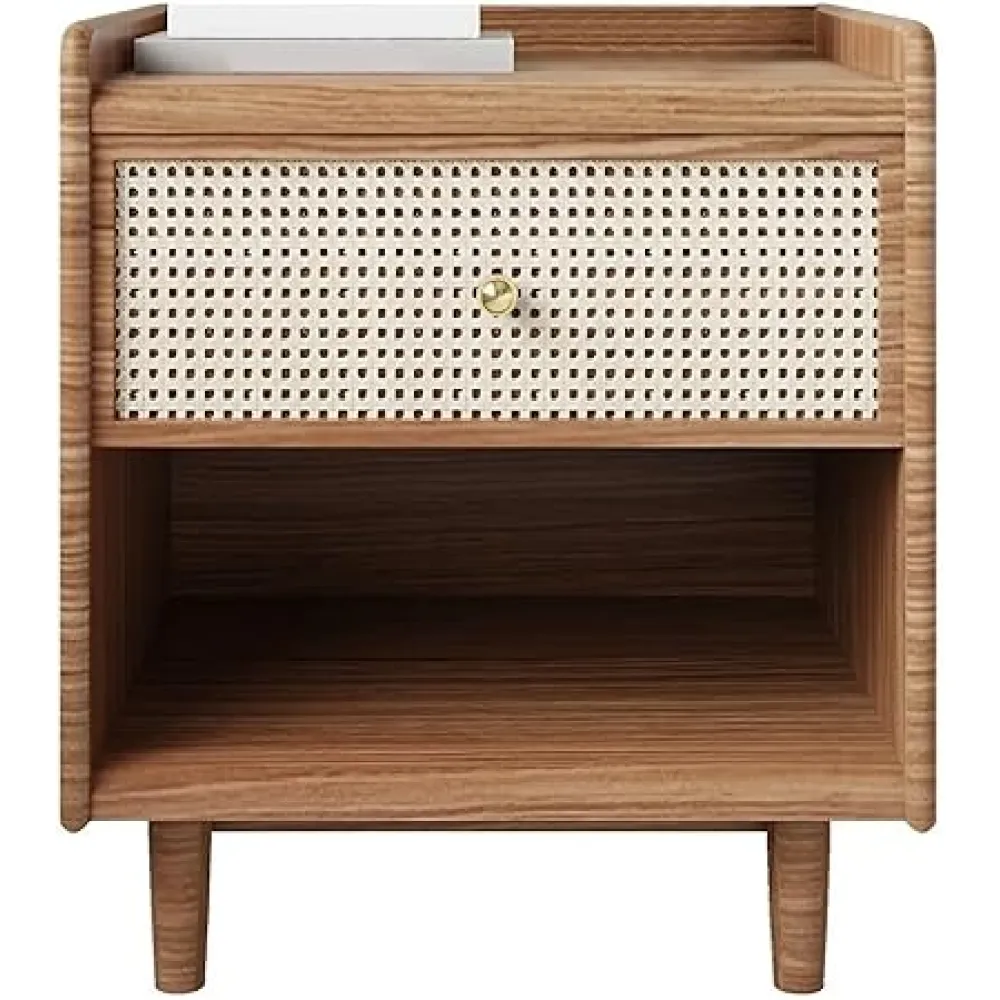 NYASAA 21" H Traditional Nightstand, Rustic Side Table with Rattan Drawer and Large Open Storage, Wood Dresser Table for Bedroom, Small Spaces