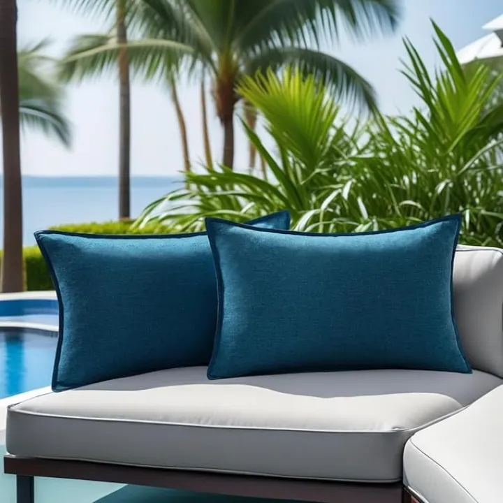 Pack of 2 Waterproof Pillow Covers Decorative Outdoor Pillows Sofa Cushion Covers Garden Spring Pillowcase Couch Cushion Cases for Patio Balcony Tent Sunbrella Beach Deck 12x20 Inch Navy Blue