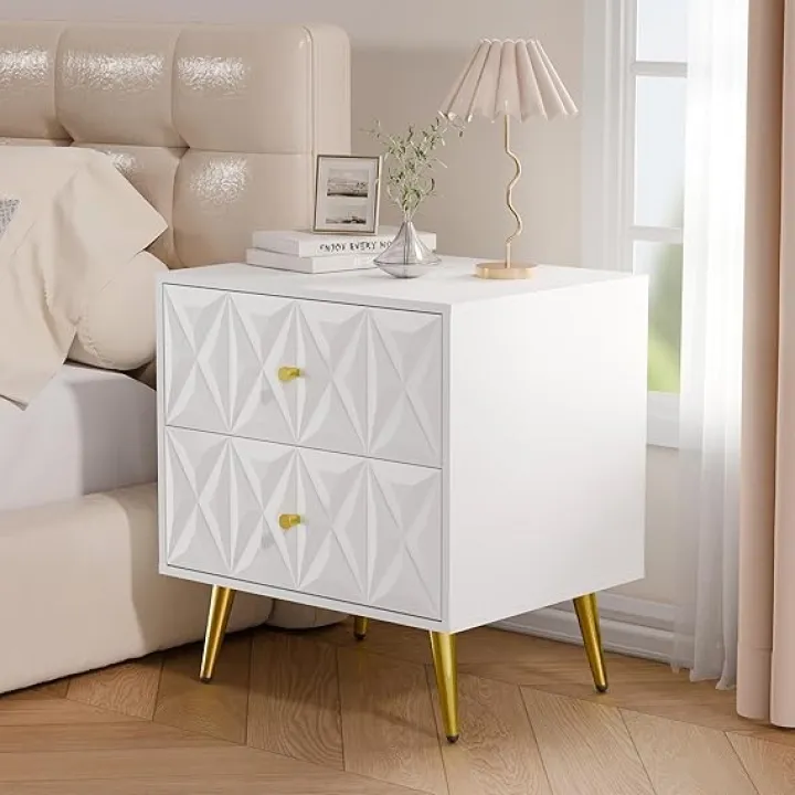 White Night Stand, Wide Embossed Nightstand with 2 Drawers, Modern Glossy Storage Bedside Table for Bedroom, End Side Table with Gold Metal Legs and Handles (White and Gold, 1)