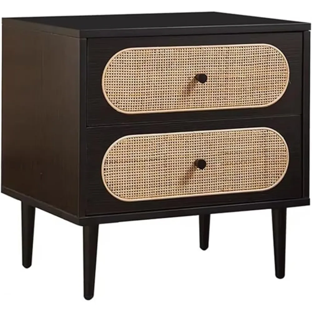 Bedside Table, Side Table with 2 Hand Made Rattan Decorated Drawers, Bedside Tables Wooden Nightstand, End Table with Storage for Bedroom