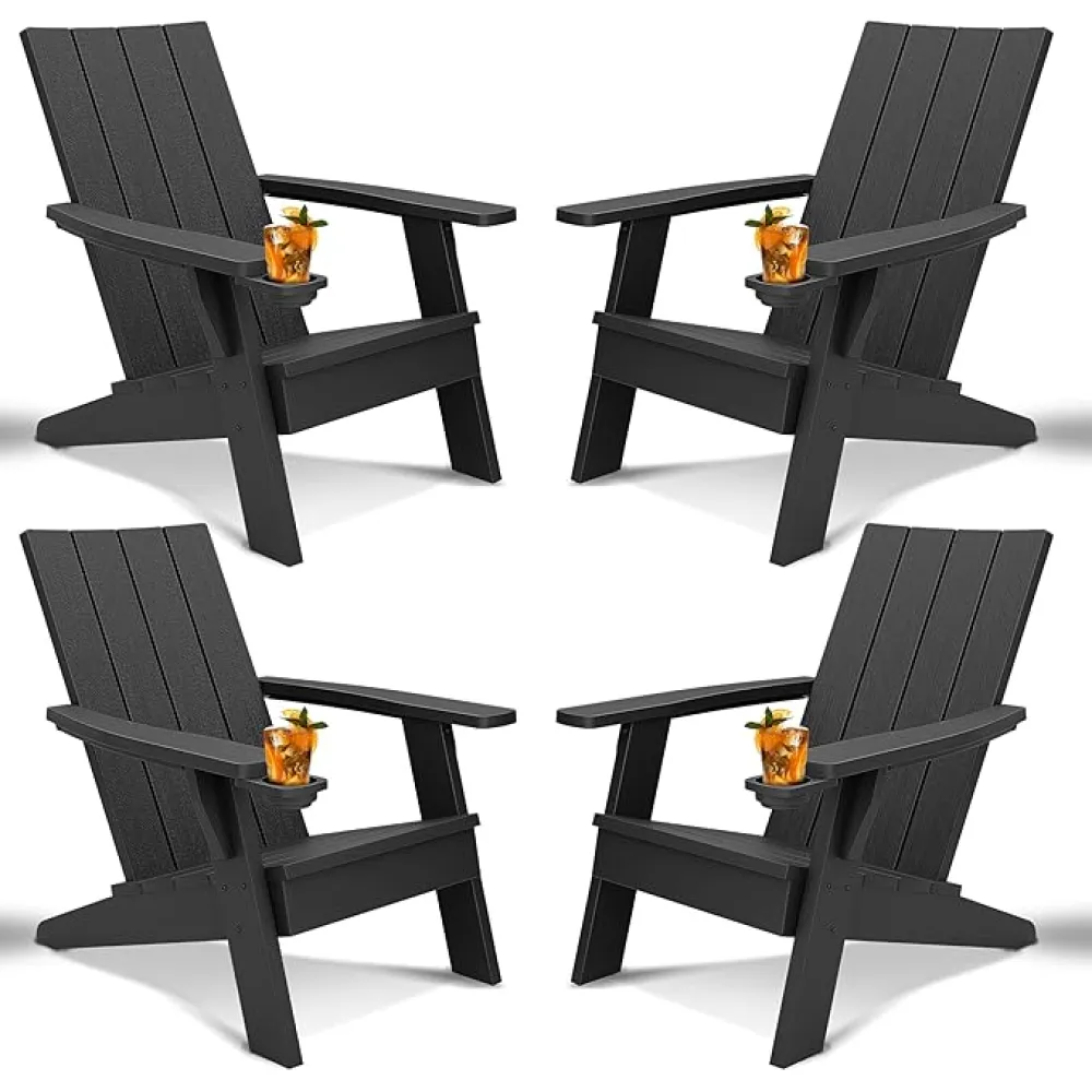 NUNU LAB Outdoor Adirondack Chair Set of 4, HDPE Plastic Patio Chairs for All Weather,Modern Fire Pit Chair with Cup Holder,Outdoor Lawn Chairs for Deck, Porch, Backyard, Garden, Black