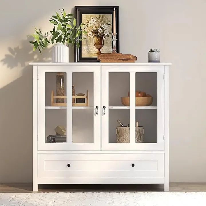 TAOTAO Sideboard, Cabinet, Buffet Storage Cabinet with Double Glass Doors and Unique Bell Handle, White, Width: 47 inches, Height: 35.43 inches, Depth: 39.37 inches