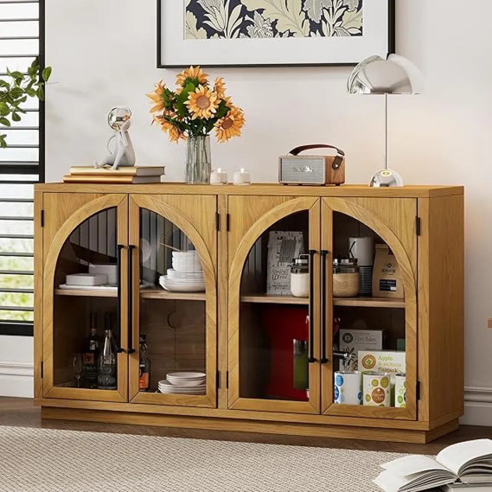 Storage Retro Sideboard Buffet Cabinet with 4 Glass Doors, Sideboard with Metal Handles and Adjustable Shelves, Freestanding Accent Cabinet Table, Freestanding Cabinet for Living Room (Natural Wood)