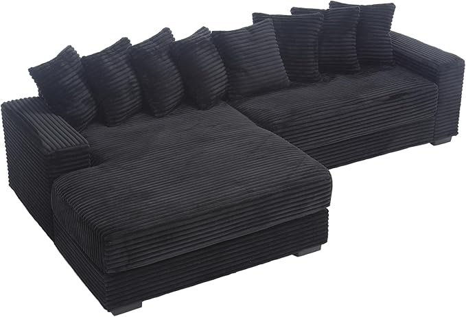 KIVENJAJA 111”W Corduroy Sectional Couch, Modern 2-Piece L Shaped Cloud Sofa with Oversized Chaise, Deep Seat & 8 Pillows for Living Room Apartment, Left Facing Chaise, Black