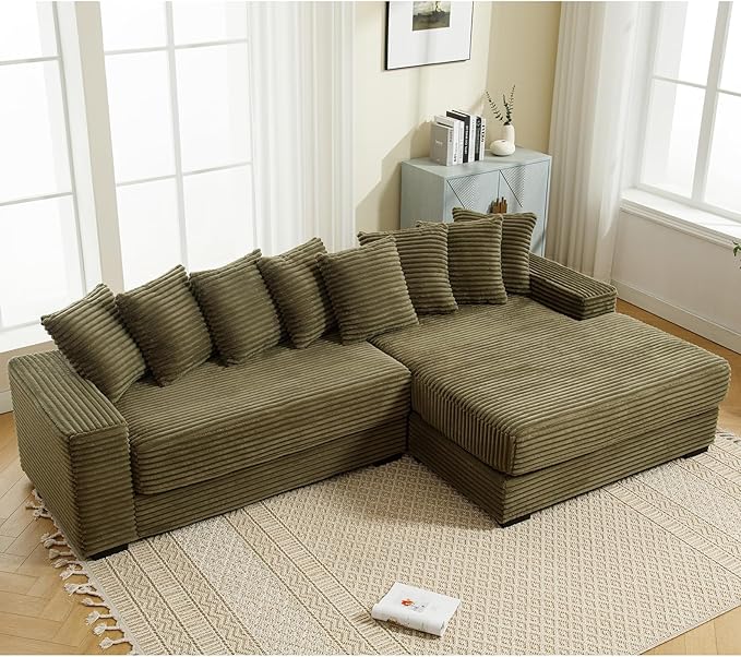 KIVENJAJA 111”W Corduroy Sectional Couch, Modern 2-Piece L Shaped Cloud Sofa with Oversized Chaise, Deep Seat & 8 Pillows for Living Room Apartment, Right Facing Chaise, Olive Green