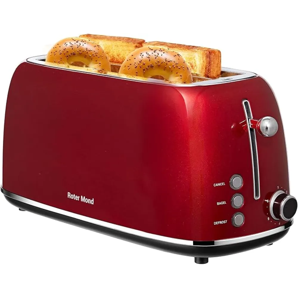 4 Slice Toaster Retro Stainless Steel Toaster with Bagel, Cancel, Defrost Function and 6 Bread Shade Settings Bread Machine, Long Extra Wide Slots and Removable Crumb Tray, Red