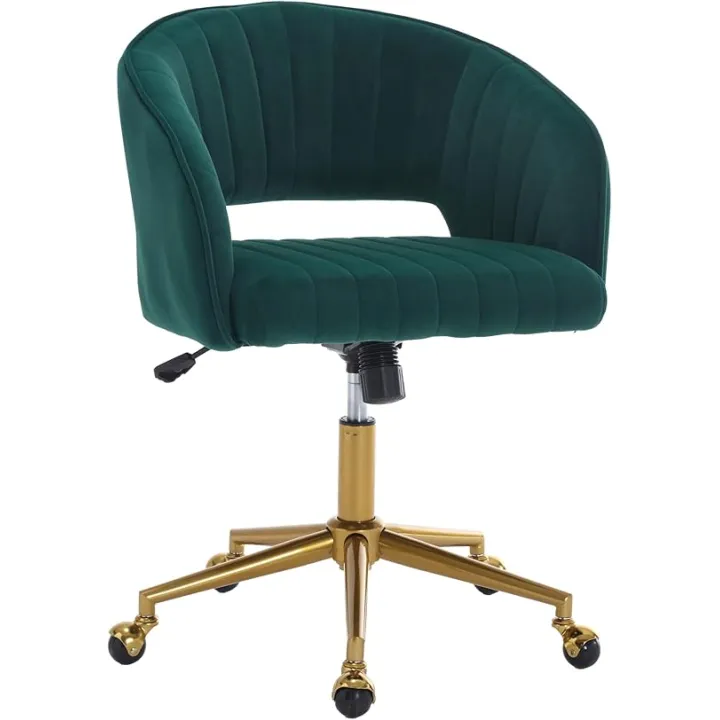 Home Office Swivel Desk Chair, Modern Velvet Vanity Chair, Height Adjustable Armchair with Gold Base, Ergonomic Office Chair for Task Study Computer Room, Dark Green