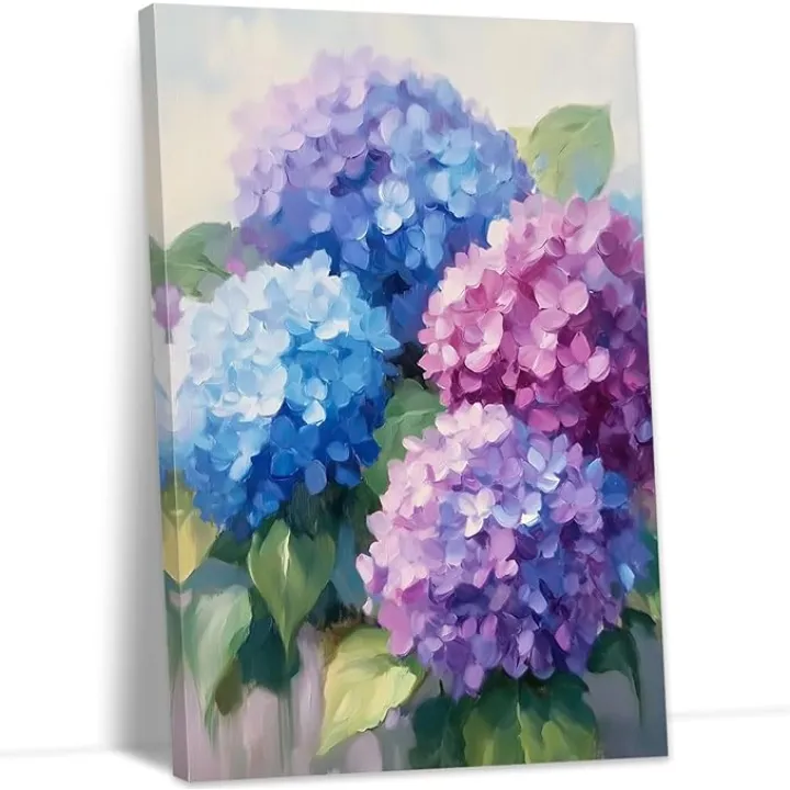 YMXZHUANSH Blue Hydrangea Wall Decor Flowers Canvas Wall Art Rustic Floral Pictures Painting for Bathroom Bedroom Decor Frame(Purple 12L x 18W)