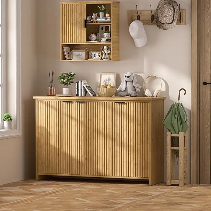 MUPATER Bamboo Waveform Door Sideboard, Accent Sideboard Buffet Cabinet with Storage, Storage Cabinet with Shelvs, Sideboard Buffet for Dining Room, 47.4”W×14”D×31.6”H, Natural