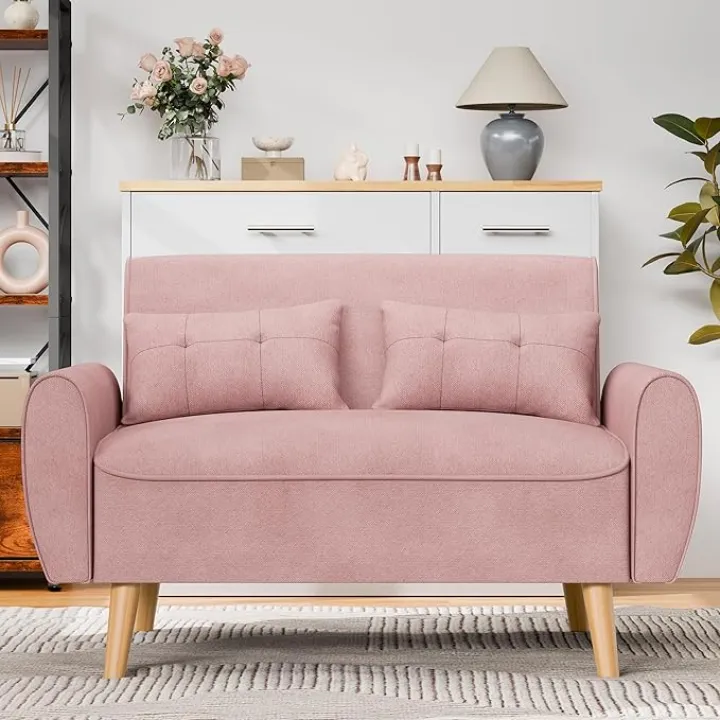 Shintenchi 47" Modern Linen Loveseat Sofa with 2 Pillows - Pink | Compact, Stylish & Comfortable for Apartments, Studios & Small Spaces