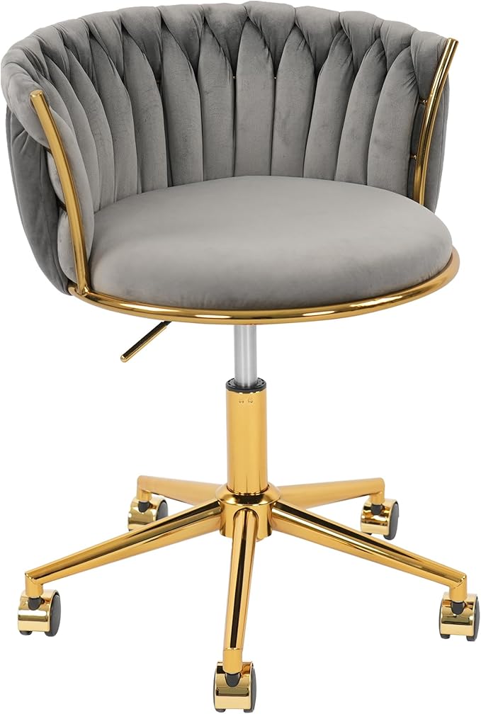 Velvet Woven Home Office Chair, Modern Swivel Desk Chair with Wheels, Height Adjustable Vanity Chair with Gold Metal Base and Hand Weaving Back for Bedroom Study Small Space, Gray