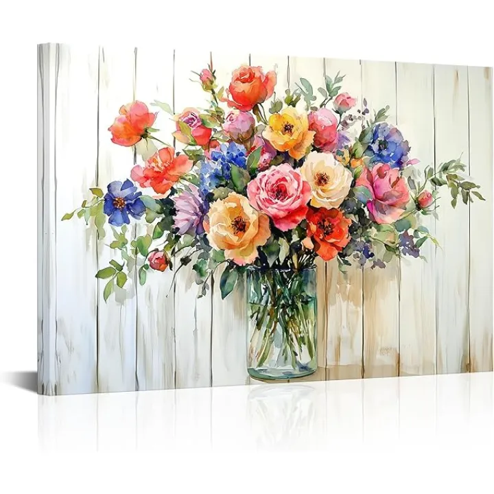 LyerArtork Flower Wall Art Canvas Prints Colorful Vibrant Floral Wall Decor Rustic Wood Artwork Watercolour Painting Botanic Picture for Girls Bedroom Kitchen Bedroom 16" H x 24" W