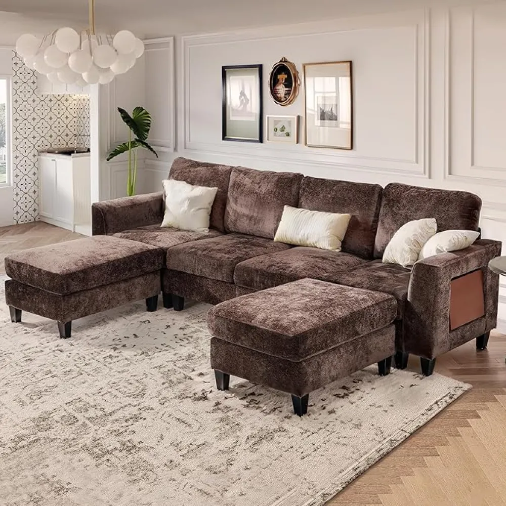 COLAMY 118" U Shaped Sectional Couches,4 Seat Modular Sofa with 2 Ottoman and Foldable Side Table for Living Room,Brown