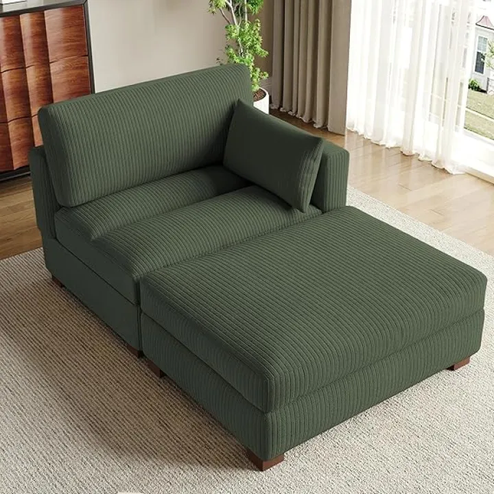 Oversized Chaise Lounge Chair Indoor,Corduroy Upholstered Leisure Sofa Chair with Ottoman, Left Armrest Comfy Sleeper Sofa Chair and Throw Pillows for Living Room,Bedroom,Office-Green