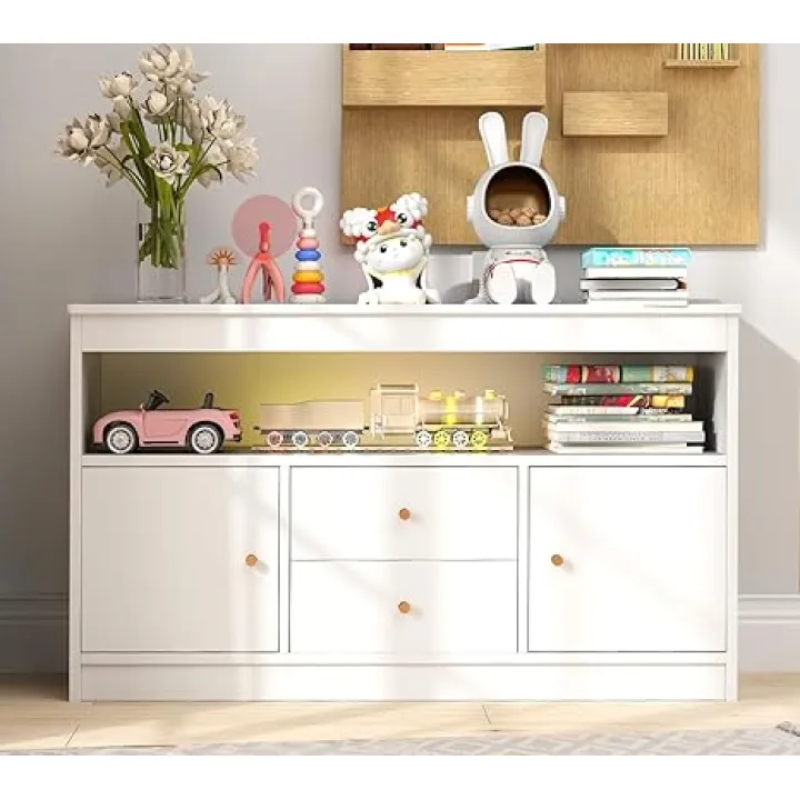 Costzon Toy Storage Organizer, Wooden Kids Toy Cabinet w/ 2 Drawers, 2 Cabinets & Open Shelf, Toy Organizers and Storage for Playroom, Bedroom, Nursery (White)