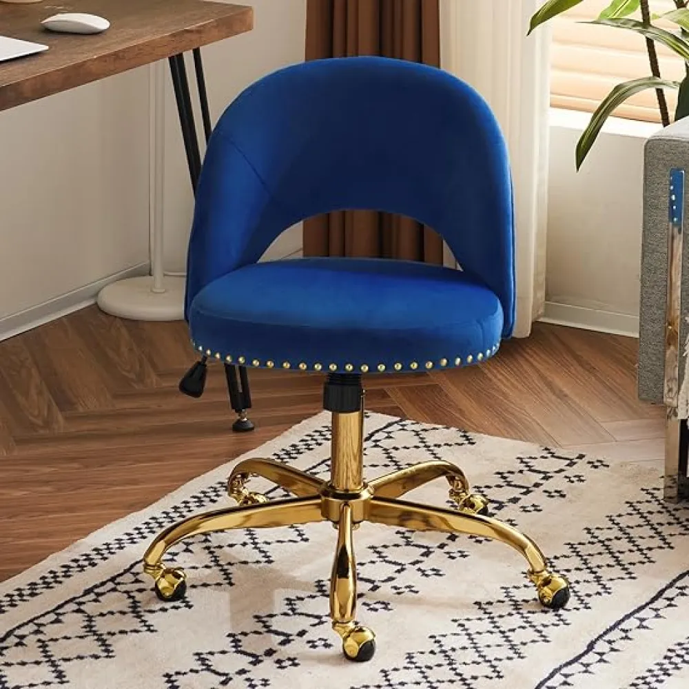 VINGLI Modern Velvet Small Office Chair,Cute Desk Chair with Wheels,Gold Base/Studs, Comfy Armless Swivel Vanity Task Chair for Women/Girl/Kids, Nail Tech Chair for Bedroom,Small Space,Navy Blue
