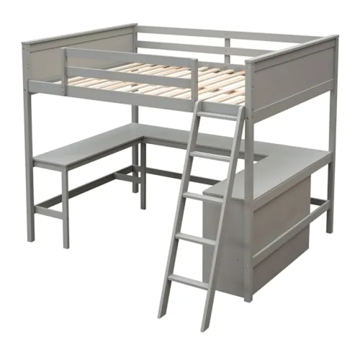 Full Size Loft Bed with Shelves and Desk Gray