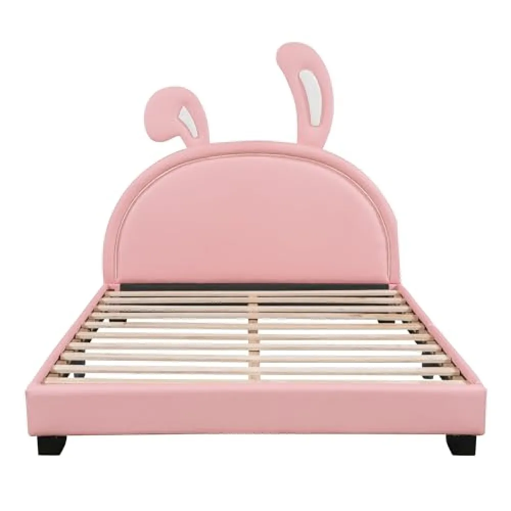 Upholstered Leather Platform Bed with Rabbit Ornament Pink