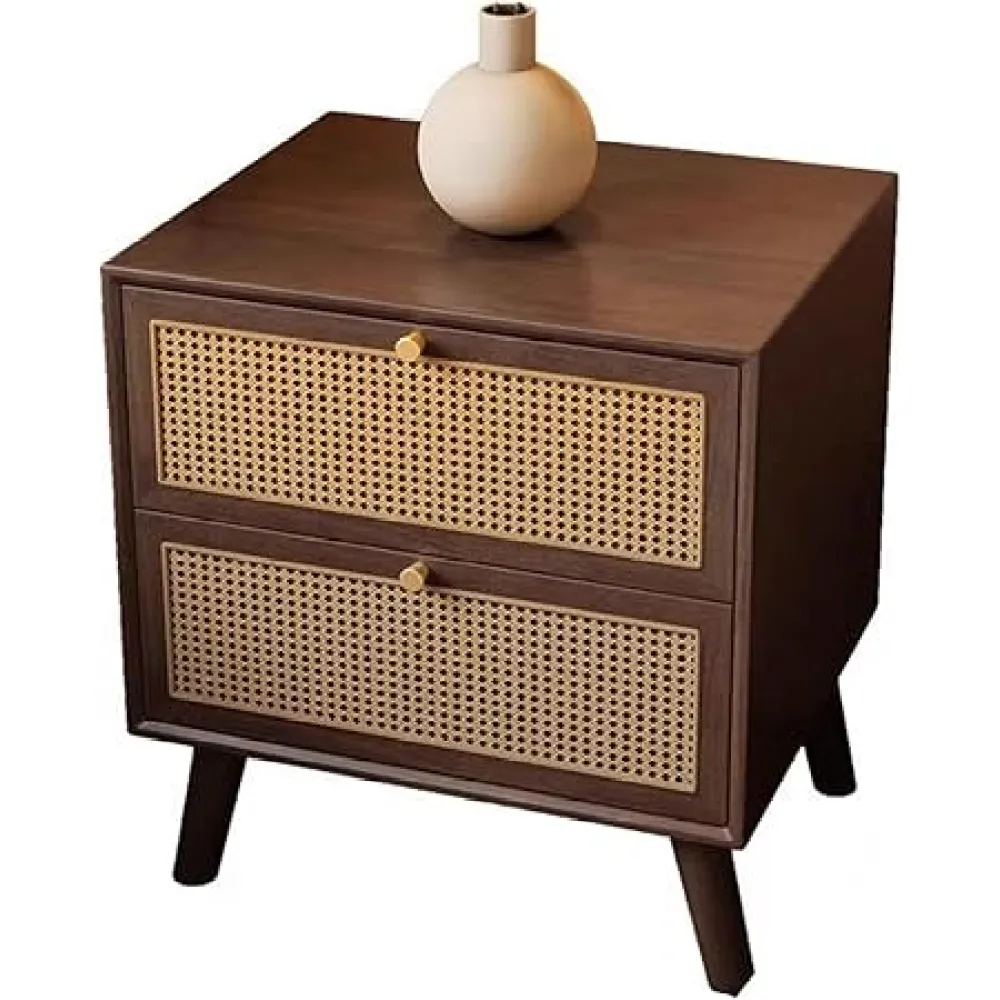 Rattan Nightstand, Night Stand with Drawers, Bed Side End Table Wood Accent Table with Storage for Bedroom, Living Room(Brown,Medium)