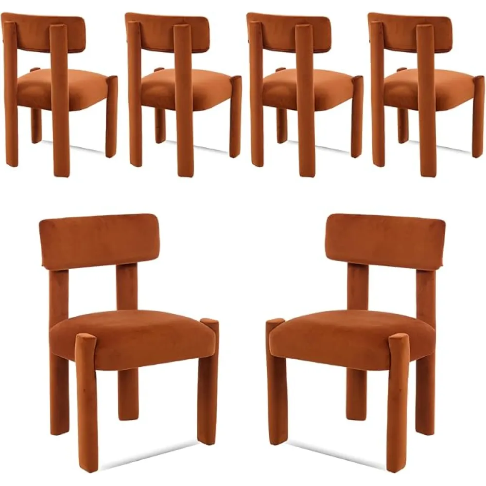 Modern Dining Chairs Set of 6, Upholstered Velvet Dining Chairs Wood Frame Kitchen Dining Room Chairs Curved Backrest Barrel Kitchen Side Chairs for Dining Room Living Room Vanity, Brown