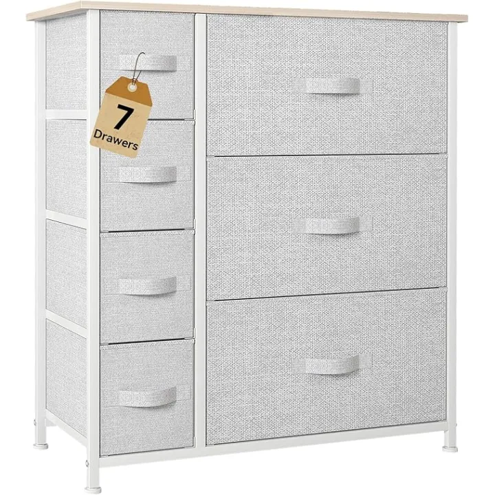 DWVO Dresser for Bedroom, 7 Drawers Fabric Dresser, Organizer Unit for Living Room, Hallway, Closets - Sturdy Steel Frame, Wooden Top & Easy Pull Fabric Bins, Light Gray