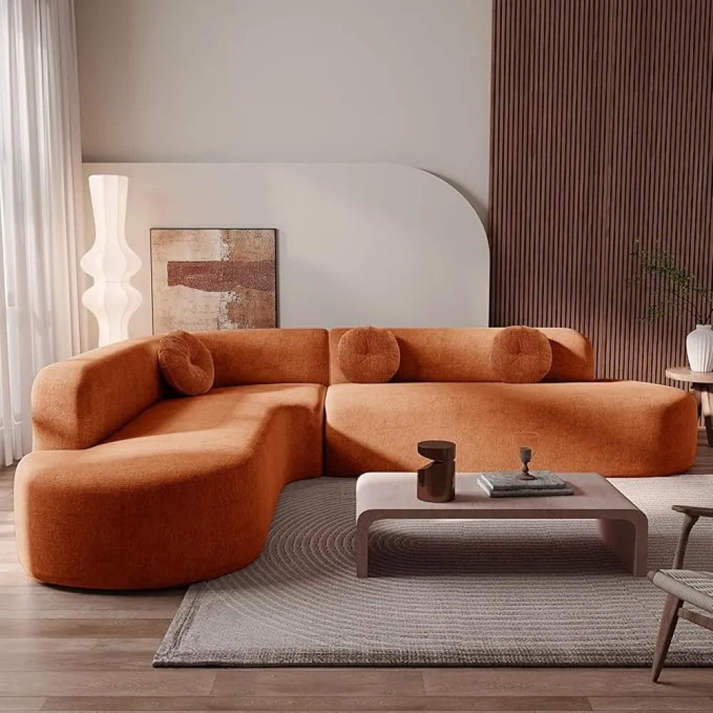 122'' Extra Large Sectional Sofa Soft Fabric Upholstery, Elegant Curved Design with Three Round Cushions, High-Resilience Foam for Ultimate Comfort (Orange@040)
