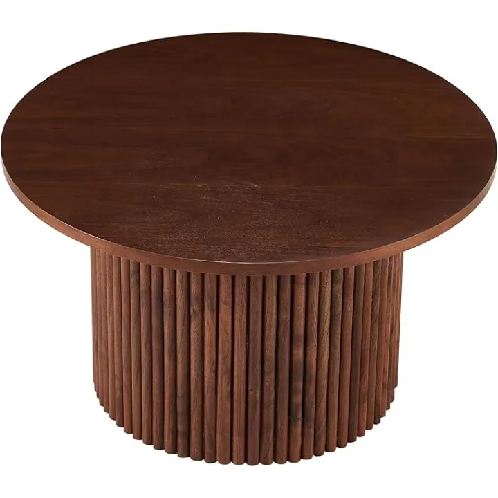 2-Piece Nesting Coffee Side Table Set of 2, Round Nightstand End Table with Fluted Wood Strip Base,Engineered Wood Nesting Tabletop with Solid Walnut Wood Veneer, Elegant Side Table