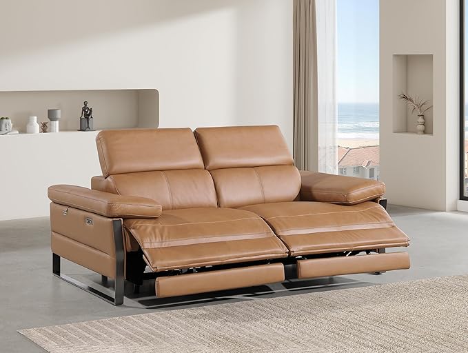 BlackJack Furniture Antonio Power Reclining Loveseat, 2 Seater Modular Couch with Top Grain Italian Leather and Pillow Wide Armrests, Dual Electric Recliners & Headrests, Cognac