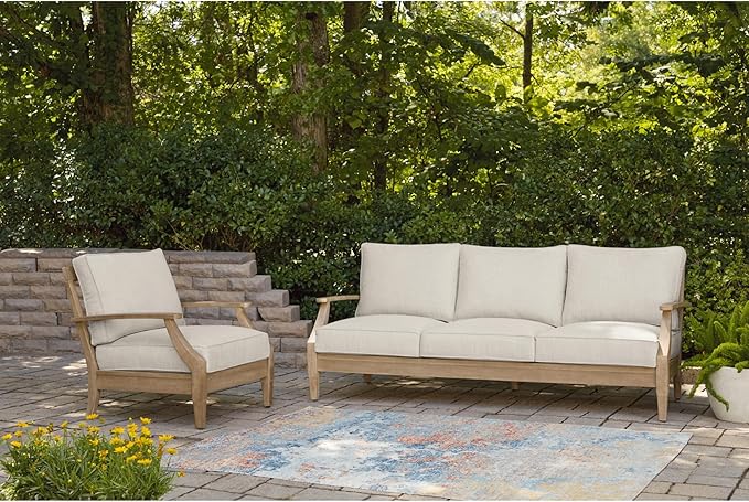 Signature Design by Ashley Carter Hall Outdoor Eucalyptus Patio Sofa with Cushion, Beige